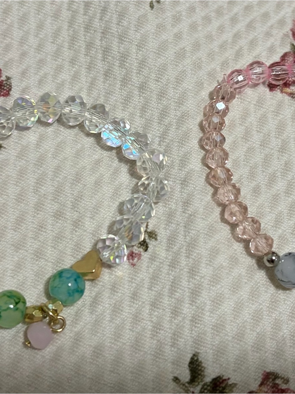 Handmade Clear & Pink Beaded Stretch Bracelet Set - Gold Accent